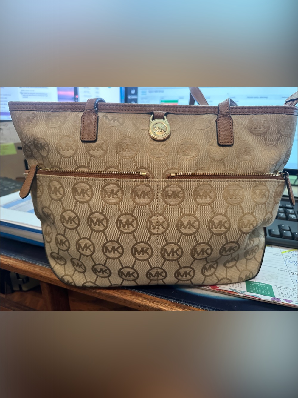 Michael Kors Beige & Brown Signature Logo Tote